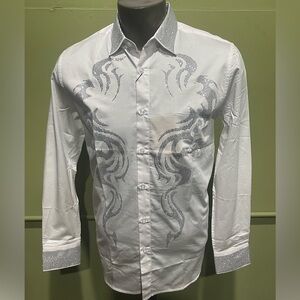 Deniko Men's White and white Embroidered Shirt rhinestone modern fit